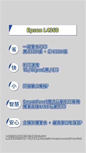 台灣愛普生 on Instagram: "⭐高速三合一 Wi-Fi 連續供墨印表機． L4360 新機上市，亮點一次看⭐ 2025 全新上市機種 L4360 高速三合一 Wi-Fi 連續供墨印表機， 具備多種優勢：� ⭐大印量┃每組墨水可印黑白 8,500 張／彩色 6,500 張 ⭐超精省┃黑色印一張只要0.08元／彩色 0.28元 ⭐印速快┃彩色列印速度較前代提升 60%，列印速度達 15/8 ipm ⭐寬幅小┃同級寬幅最小¹，不占空間 ⭐智慧┃Smart Panel App 智慧遙控列印、串接LINE 列印更便利 ⭐安心┃機器耐用度達五萬張，較前代提升 66%，原廠售後，放心印大膽印！ ​ 此外還配備彩色螢幕、前開蓋注墨設計、自動托紙盤、狀態燈， 兼具方便與實用性。 更適合家用／SOHO 族使用情境， 為你量身打造的連續供墨印表機🖨️� 🎉 即日起購買連續供墨加購墨水， 上網登錄享以下優惠²： 💰 登錄送 7-11 虛擬商品卡：指定機型，最高送 1,000 元商品卡，還有 Epson 標籤機、羅技滑鼠、果汁機等多項好禮等你拿！ &#