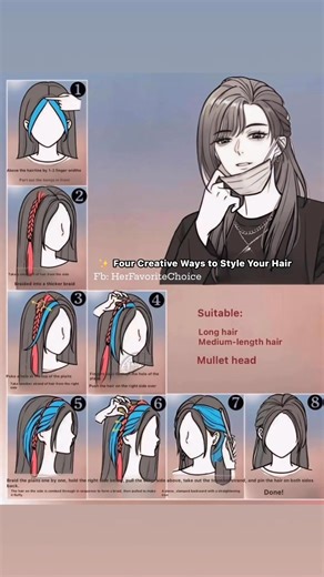 396K views · 10K reactions | ✨ Four Creative Ways to Style Your Hair Swipe for the step-by-step instructions! Time to get styling. 朗✨ #ColoredHair #HairTutorial #MulletHairstyle #WolfCut #FishHead #AnimeHair #HairExtensions #DIYHairstyle #MediumLengthHair #ShortHairStyles #LongHairStyles #EdgyStyle #PopOfColor #HairStyling #BraidTutorial #HalfUpHalfDown #YouthfulStyle #fblifestyle | Her Favorite Choice | Facebook