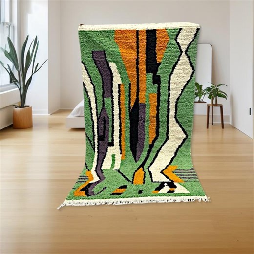Handmade Abstract Wool Moroccan Rug | Green, Orange & Cream - Etsy