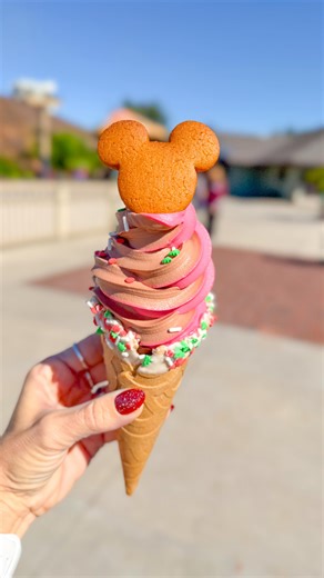 New Mickey Gingerbread Cone at Disney Springs! 🎄🍦 A gingerbread cone filled with chocolate soft-serve, DOLE Whip pomegranate, holiday sprinkles, and a gingerbread Mickey on top! This flavor combo is so good — and the gingerbread cone itself? 10/10 delicious! 🤎 📍Swirls on the Water – Disney Springs 💵 $7.49 🎅🏼 Find all the Disney Springs Holiday Treats now on our website: EnchantedFoodieGuides.com – Link in bio! . . . #DisneyWorld #DisneySprings #DisneyHolidays #DisneyFoodie #DisneyTreats #