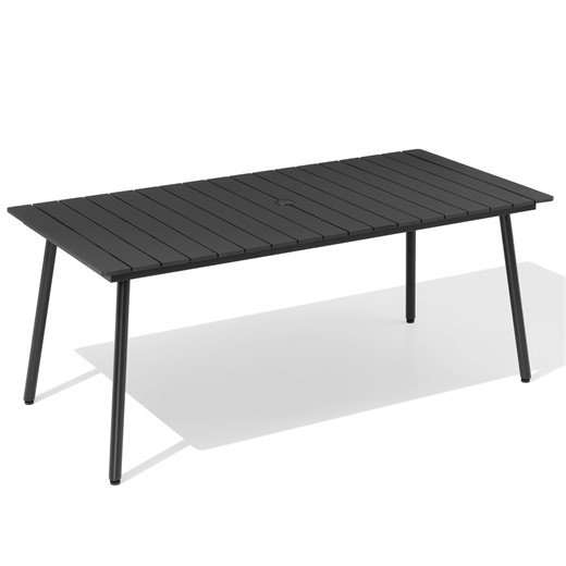 Pellebant 70.9" x 35" Outdoor Dining Table for 6-8, Aluminum Patio Table with Slat Top & Umbrella Hole, All-Weather & Rust-Resistant, Black