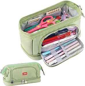 Big Capacity Pencil Case, Double Layer Large Pencil Pouch Pen Box Bag - Back to School Supplies for Teen Girls Boys, Aesthetic Cute Pencil Cases Holder Organizer for Student Kids - Green
