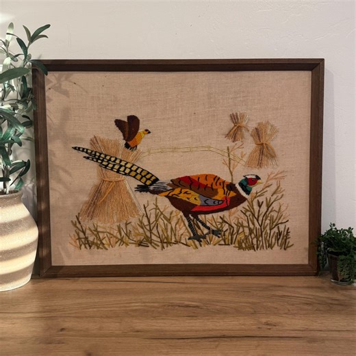 Vintage Crewel Embroidery | Framed Pheasant Farm Scene | Large Rustic Farmhouse Wall Decor | Folk Country Textile Art - Etsy