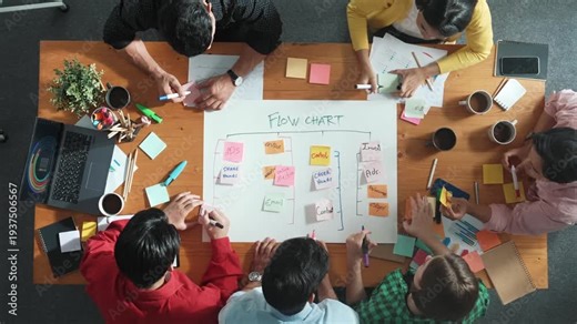 Top down aerial view of professional business people hands making scrum task board to manage workflow in workplace. Diverse marketing team writing and working together at meeting room. Convocation.