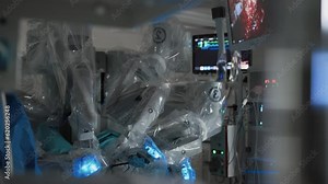 Moving parts of advanced sterile medical robot performing abdominal surgery in equipped operating room of modern clinic, healthcare technology of the future