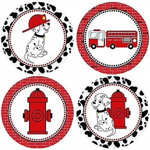 Firefighter Sticker Labels by Adore By Nat - Fire Truck Dalmatian Dog Kids Boy Girl Party Favor Labels - Set of 50