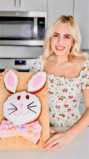 Barbara Teerlink on Instagram: "Super easy Easter Cake Recipe! Just bake two round cakes, then follow the instructions on the video to cut it and shape it like a bunny. I decorated mine with whipped cream from @mysmithsgrocery, and with @cadburyusa Easter eggs!"
