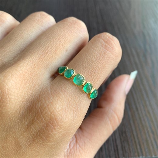 Natural Emerald Ring, Solid 18k Gold Emerald Ring, Emerald Half Eternity Ring, Dainty Gold Emerald Stackable Ring, Anniversary Gifts for Her - Etsy