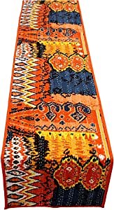 Cotton Table Runner 70 x 14 Inch Orange Ikat Print Kantha Embroidery (70x14, Orange)