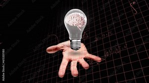 Animation of spinning brain inside a bulb icon over cupped hand and mathematical equations