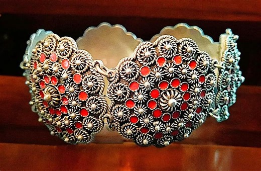 900 Silver Greek-etruscan Bracelet, Red Enamel, Rosettes, Handmade in Greece, Vintage - Etsy