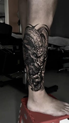 🃏 Dark Jester & Demon Leg Sleeve Tattoo | Gothic Black & Grey Calf Piece
