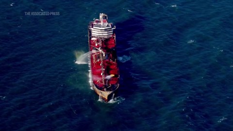 Aerials over North Sea show damaged oil tanker that was hit by cargo ship off the coast of England