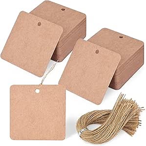 SallyFashion 80PCS Kraft Paper Gift Tags with String, 2x2 Inch Brown Square Hanging Labels Cloth Business Craft Blank Tags