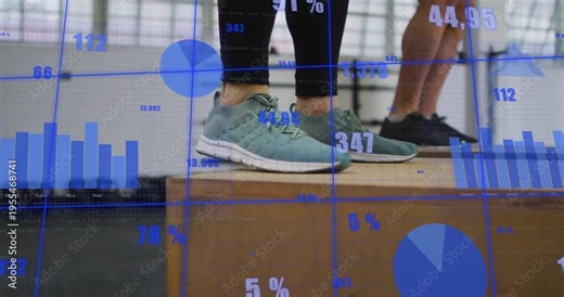 Blue data overlay appearing and tracking while training duo performing box jumps, measuring results