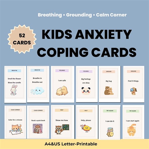 Kids Anxiety Coping Cards, Calm Down Strategies, Feelings, Breathing (PDF A4 US Letter) - Etsy