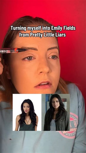 Emily Downer | Character Makeup on Instagram: "Turning myself into Emily Fields from Pretty Little Liars! I love Shay Mitchell and how she’s created a business empire with Beis! Did you like Emily in Pretty Littler Liars? @prettylittleliars #prettylittleliars #emilyfields #shaymitchell pll makeuptransformation Products: @maybelline build a brow @lunarbeauty bronzing and sculpting sticks/day eyeshadow palette @nyxcosmetics whipped caviar lip liner @milanicosmetics baked blush @covergirl bond masc