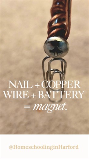 Becca I Homeschooling on Instagram: "How do you make a magnet with a nail, wire, and a battery? In homeschool science, we explored magnets and magnetic fields by making our own electromagnet. When electricity flows through a wire, it creates a magnetic field. Wrapping that wire around a metal nail focuses the magnetic field, turning the nail into a magnet. When the battery is connected → electricity flows → the nail becomes magnetic. When the battery is disconnected → the magnet turns off. Safet