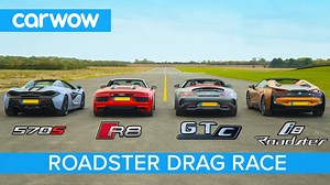 We’ve got four of the hottest roadsters around going head-to-head in our latest drag race! Mat’s in the 570S, while Yianni's in the R8 & rapper Professor Green is in the AMG GT C! Oh, and there's a BMW i8 there for good measure, too! All we know is, this one is too close to call! Does the McLaren have what it takes? There’s only one way to find out… Let’s race! | carwow