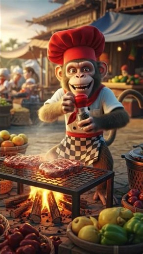 Monkey Chef Cooking Meat 🐒🍖 | Funny Animal Cooking Short