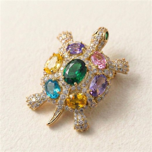 Turtle Brooch Pin, Gold Plated Cubic Zirconia, Multicolor or Green Gem Gift - Etsy