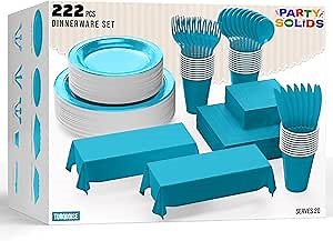 222 Pcs Turquoise Paper Plates and Napkins Sets, Disposable Plates For Party, Lunch & Cocktail Napkins Paper, 18oz Plastic Cups, Cutlery and Turquoise Table cloth Plastic Dinnerware Set