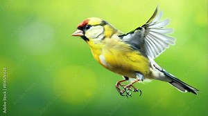 A goldfinch flying in the mid-air with soft yelowish green background