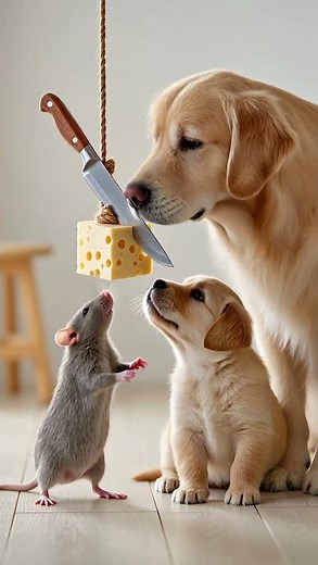 Golden Retriever and Puppy Watch a Mouse Getting Ready to Eat Cheese