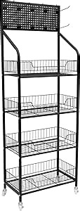 Snack Rack Display Stand with Wheels, 4-Tier Retail Metal Snack Candy Display Organizer, Black Retail Display Storage Merchandise Rack Store Shelves Snack Cart for Shops&Supermarkets