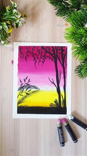 ✨😍Beautiful Sunset View Oil Pastel Drawing | Easy Scenery Art for Beginners #shorts #viralvideo