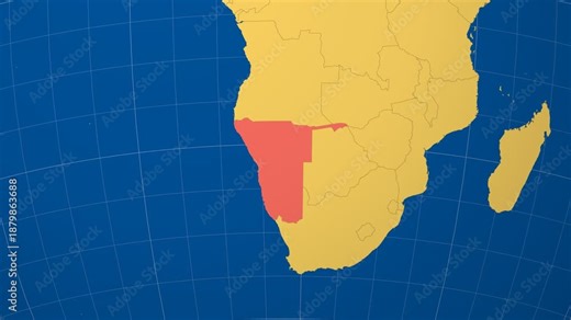 Namibia on Globe. Animated zoom into the country in Ocean Blue Golden Yellow color palette. Namibia logo animation. Map with meridians, parallels. Classy video.