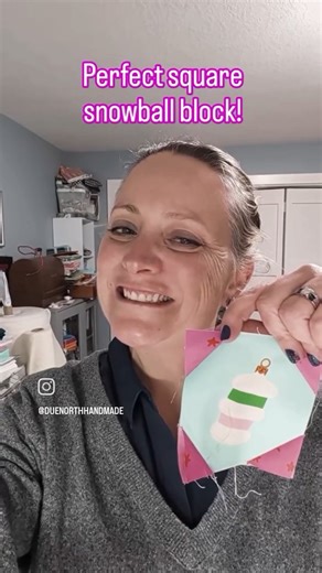 Are your snowball corners not square? Watch here for a quick tip to get perfect snowball corners! If you're ready to practice - comment "snowball" and I'll send you a link to get the perfect pattern at a DISCOUNT! #snowballblock #quiltreel #quilttip #quiltingtrick #merrybaublesquilt | Due North Handmade