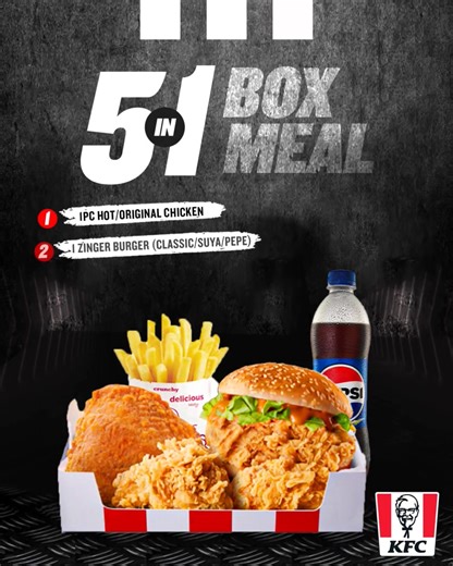 Get ready to enjoy a delicious feast with our 5-in-1 combo meal. The Combo features 1pc Hot or Original Chicken, a Zinger Burger (Classic, Suya, or Pepe), Regular Yam Fries, a Regular Drink, plus 2 Zinger Wings or 2 Strips or Popcorn Chicken. Order now at your nearest KFC or via the link in our bio! #KFCNigeria #ZingerCombo #FingerLickinGood #TasteTheFlavor #ZingerWings #ZingerBurger #5in1BoxMeal #Pepsi #FoodGoals #DeliciousMeals #ValueMeals #kfcfeast | KFC