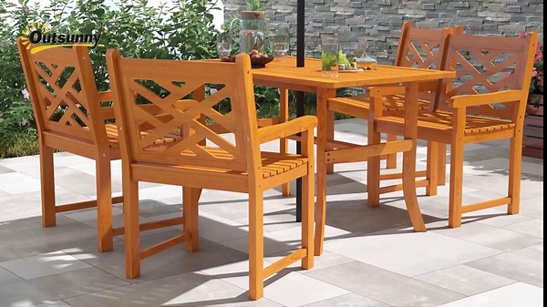 Outsunny Outdoor Patio Dining Set, 4 Seater Wood Dining Table and Chairs for Backyard, Conservatory, Garden, Poolside, Deck, Teak
