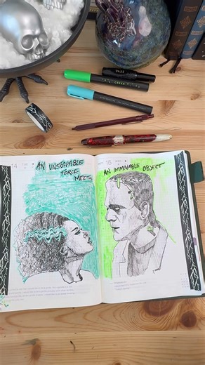Frankenstein & Bride in My Hobonichi Creative Journal | Art for Halloween