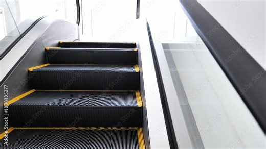 escalator on public place moving up, First Person POV, escalator going upwards.
