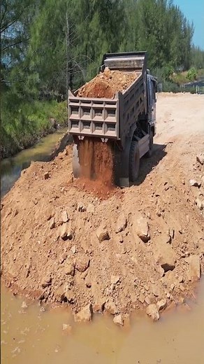 EP467 Best Skills Komatsu D53A Dozer Pushing Stone Into Water & 5T Trucks Dumping