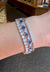 September's birthstone is sapphire! We love adding a beautiful pop of blue to a diamond bracelet stack. Do you know anyone celebrating a September birthday? Click here to browse sapphire jewelry online: https://brombergs.com/product-tag/sapphire/ | Bromberg & Company, Inc.