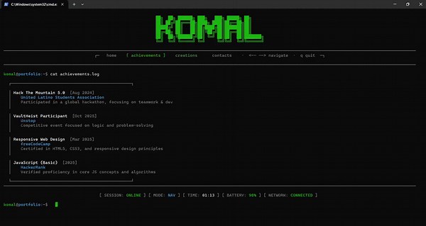#webdevelopment #frontenddevelopment #javascript #reactjs #nodejs #cli #terminal #developerlife #buildinpublic #sideprojects #programming #tech | Komal Kaur Dhillon
