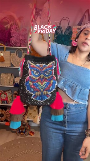 Wayuu Bag L Owl Decorated Blue Unique Handmade Artisan Bag