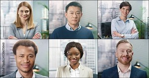 Close up portraits of multi-ethnic business people smiling to camera indoor. Businessmen and businesswomen at office cabinet. Collage compilation. Split screen. Young successful professional workers