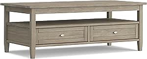 SIMPLIHOME Warm Shaker Coffee Table - 48 inch Wide Solid Wood Cocktail Table in Distressed Grey, Transitional Living Room Table with 2 Storage Drawers and Open Shelf for Sitting Area or Lounge