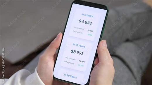a user exploring an investment calculator on a mobile phone. The video shows the seamless transition from a simple question about monthly contributions to a comprehensive breakdown of investment