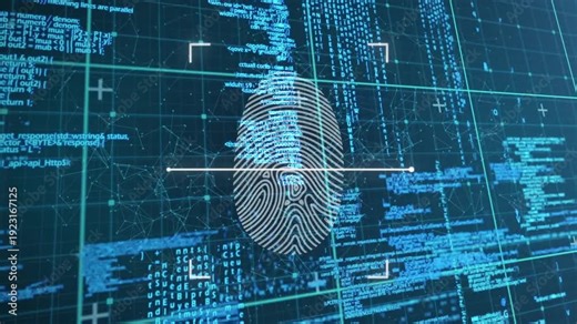 Stylized fingerprint fading in, activating HUD, scanning line sweeping across ridges confirming ID