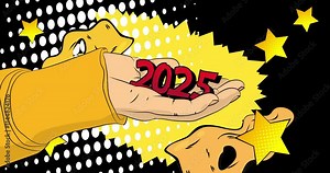 Cartoon, comic book human hands holding 2025. Retro video, comics pop art animation.