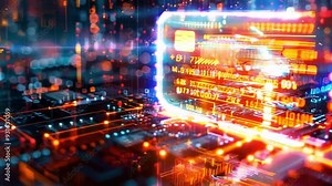 A glowing digital credit card in a virtual wallet surrounded by data streams that show online payments Stock Video