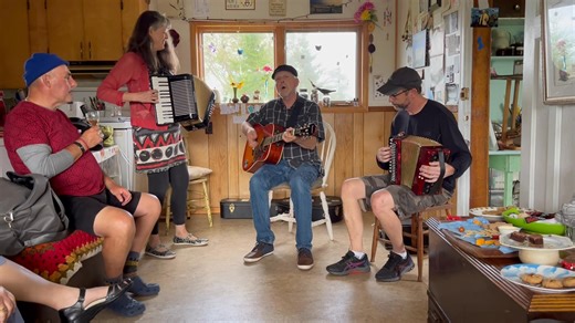 A winding ‘er down “Fare thee well" with “The Leaving of Liverpool,” to close our gathering of friends in the aftermath of hurricane Fiona (September, 2022). This sea shanty seemed to sum it up. It’s all about pulling together by singing together. — Brian Pace’s kitchen, Ecum Secum, Nova Scotia and playing alongside Noel Battcock from Brigus South, Newfoundland on accordion. | Saltwater Joy