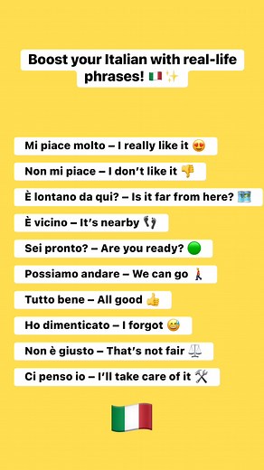 🇮🇹Boost your Italian with real-life phrases! 🇮🇹✨From “I really like it” to “I’ll take care of it,” these everyday expressions are super handy in conversations.Practice them, repeat them, and use them in real situations — that’s how fluency begins! 💬🧠#LearnItalian #ItalianPhrases #SpeakItalian #ItalianForBeginners #EverydayItalian #ItalianVocabulary #LanguageLearning #ParlaItaliano #StudyItalian #FluentItalian | Piccolo Maestro