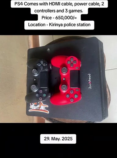 PS4 Comes with HDMI cable, power cable, 2 controllers and 3 games. Price - 650,000/= Location - Kirinya police station