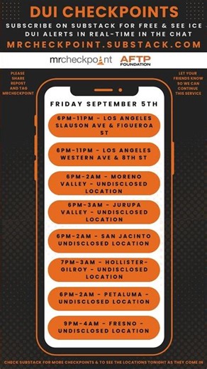 DUI Checkpoints Friday September 5th 2025